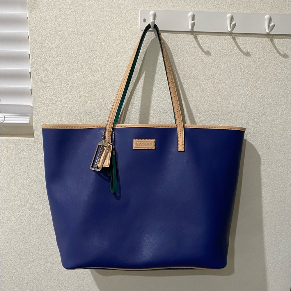 Coach Crossgrain Leather Tote, Navy Tan Turquoise